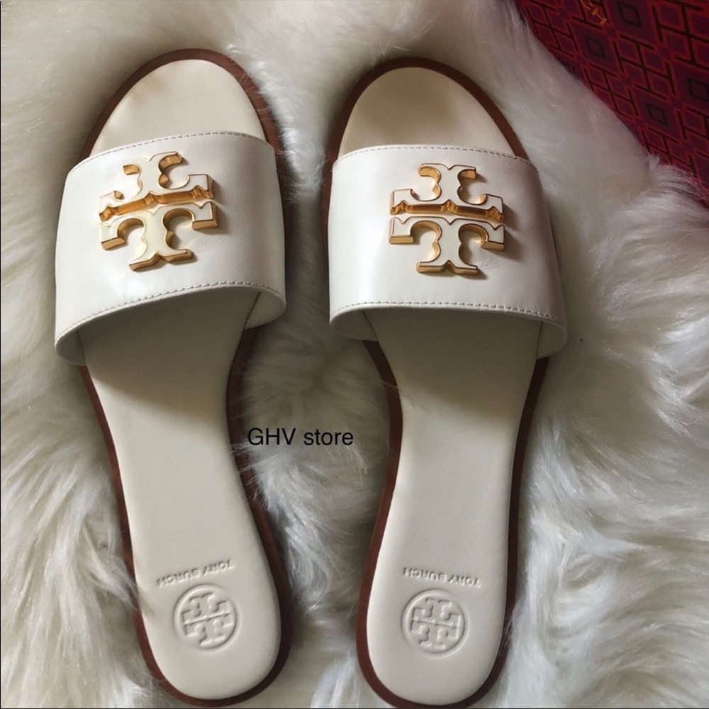 Tory Burch Everly Calf Leather Gold Signature Logo Slide
